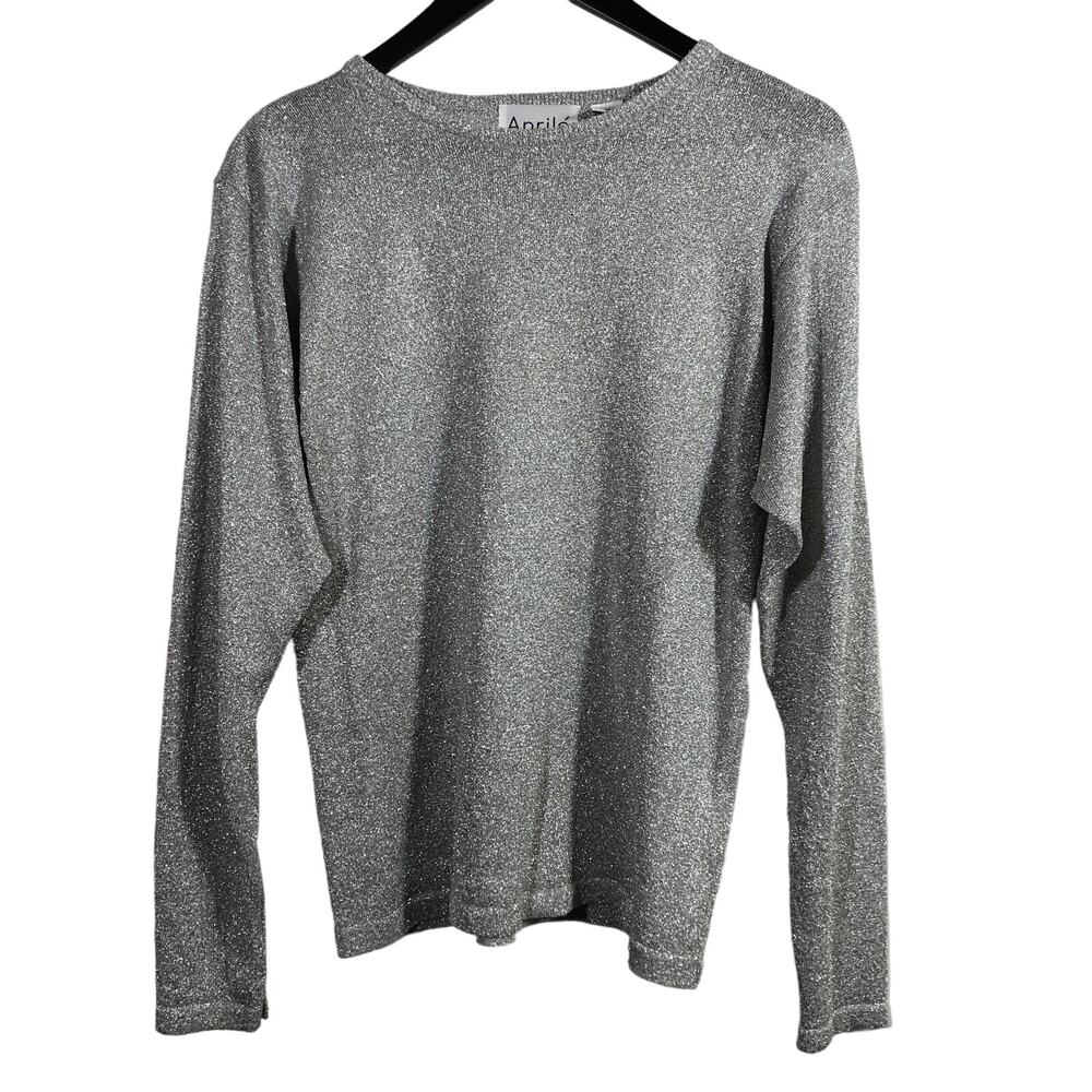 Metallic Silver Sweater Crew Neck Medium, Vintage Retro Lightweight